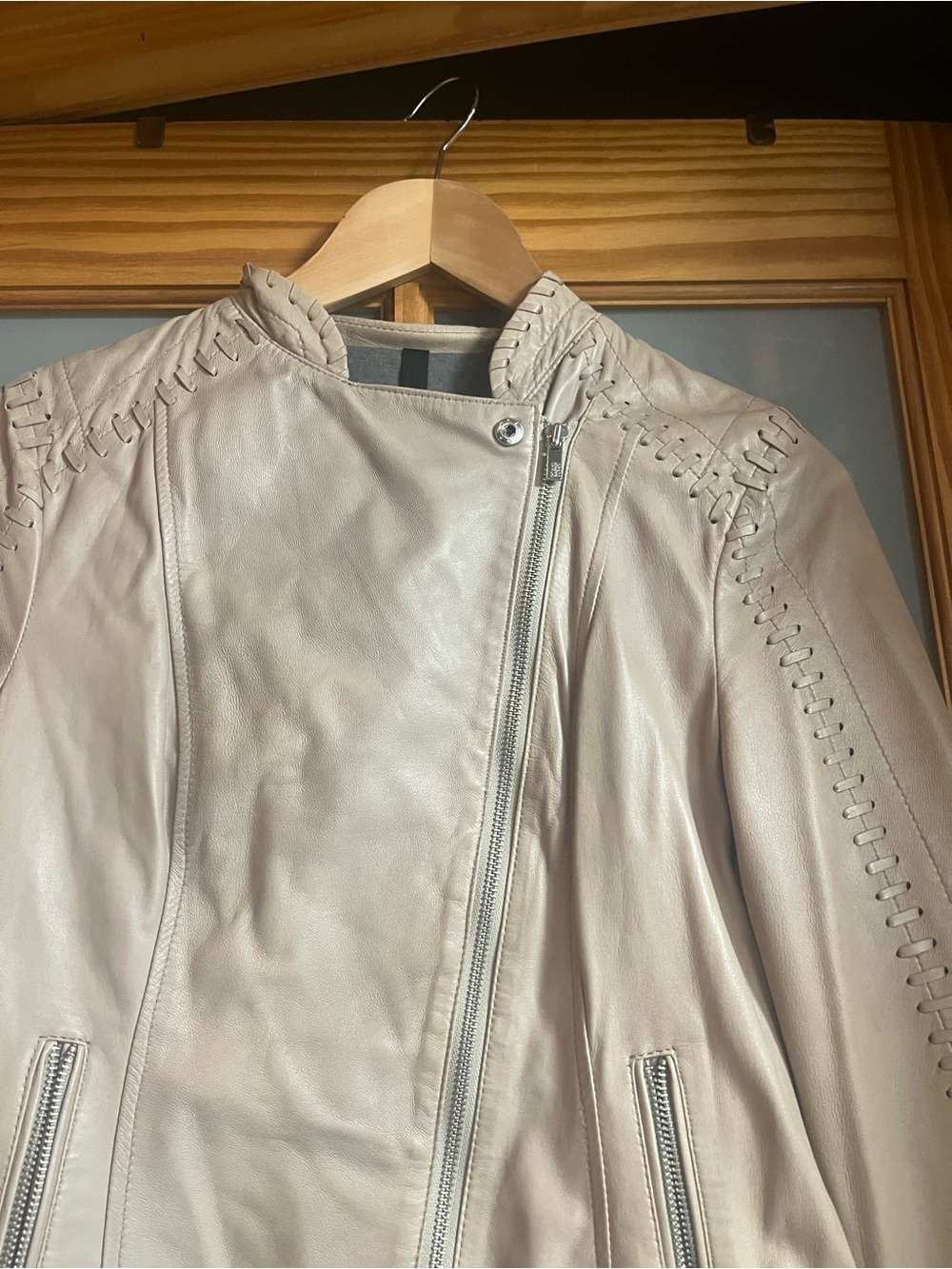 Black Rivet asymmetrical leather moto biker jacket in light taupe - Picture 4 of 13